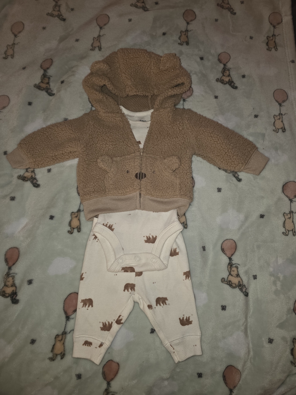 🧸New Carter's Cozy Bear Sherpa Baby Jacket + Bear Print Bodysuit 3 piece Set 🐻